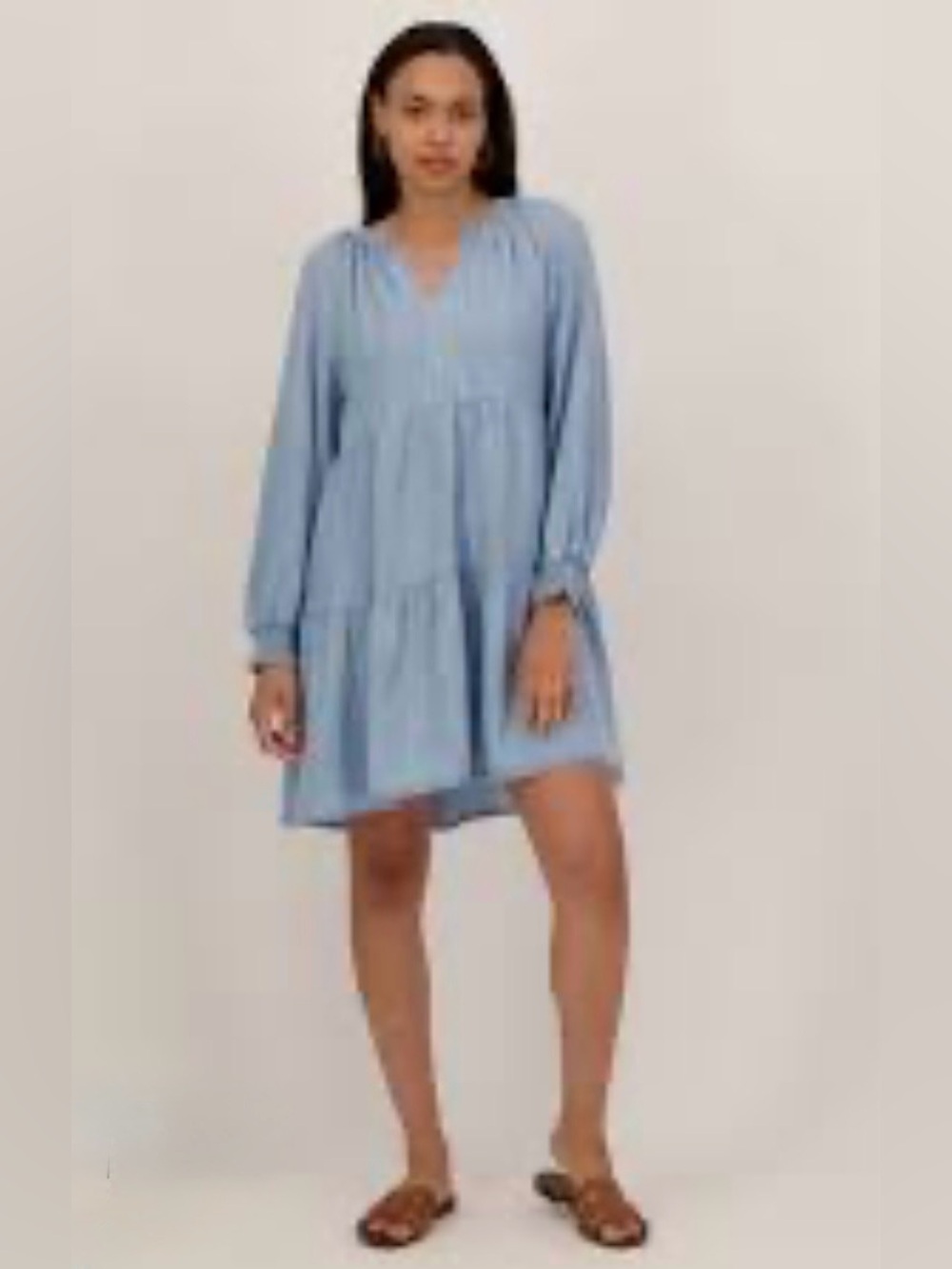 New Directions Light Blue Chambray Tiered Dress
